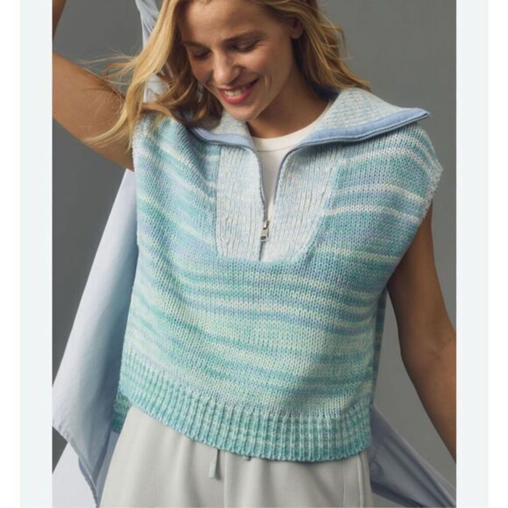 Anthropolgie 525 America Sweater Vest Large Blue Ombre Knit 1/4 Zip Sleeveless